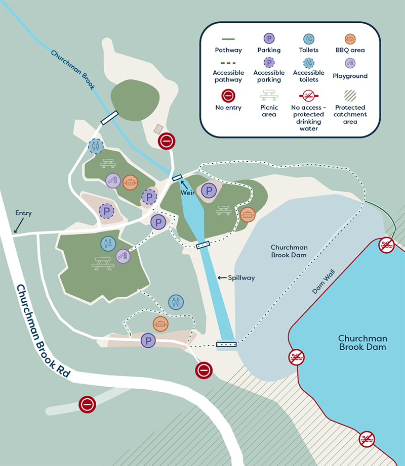 A map which marks out all the areas you can access and facilities available for use at Churchman Brook Dam.