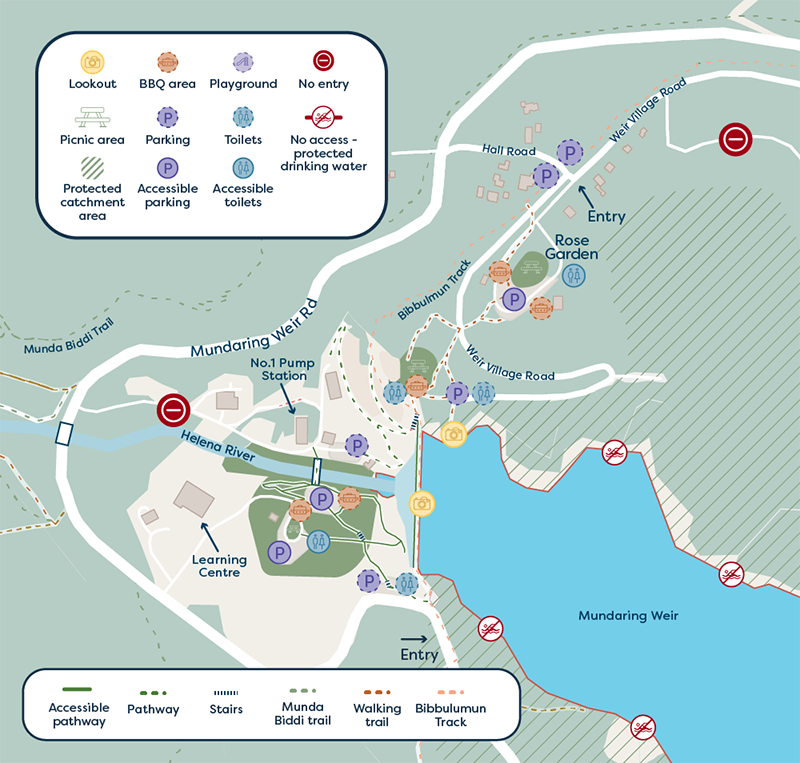 A map of the facilities available at Mundaring Weir